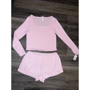 Women's Variegated Ribbed Pajama Set Long Sleeve Top & Shorts Auden Pink L NWT